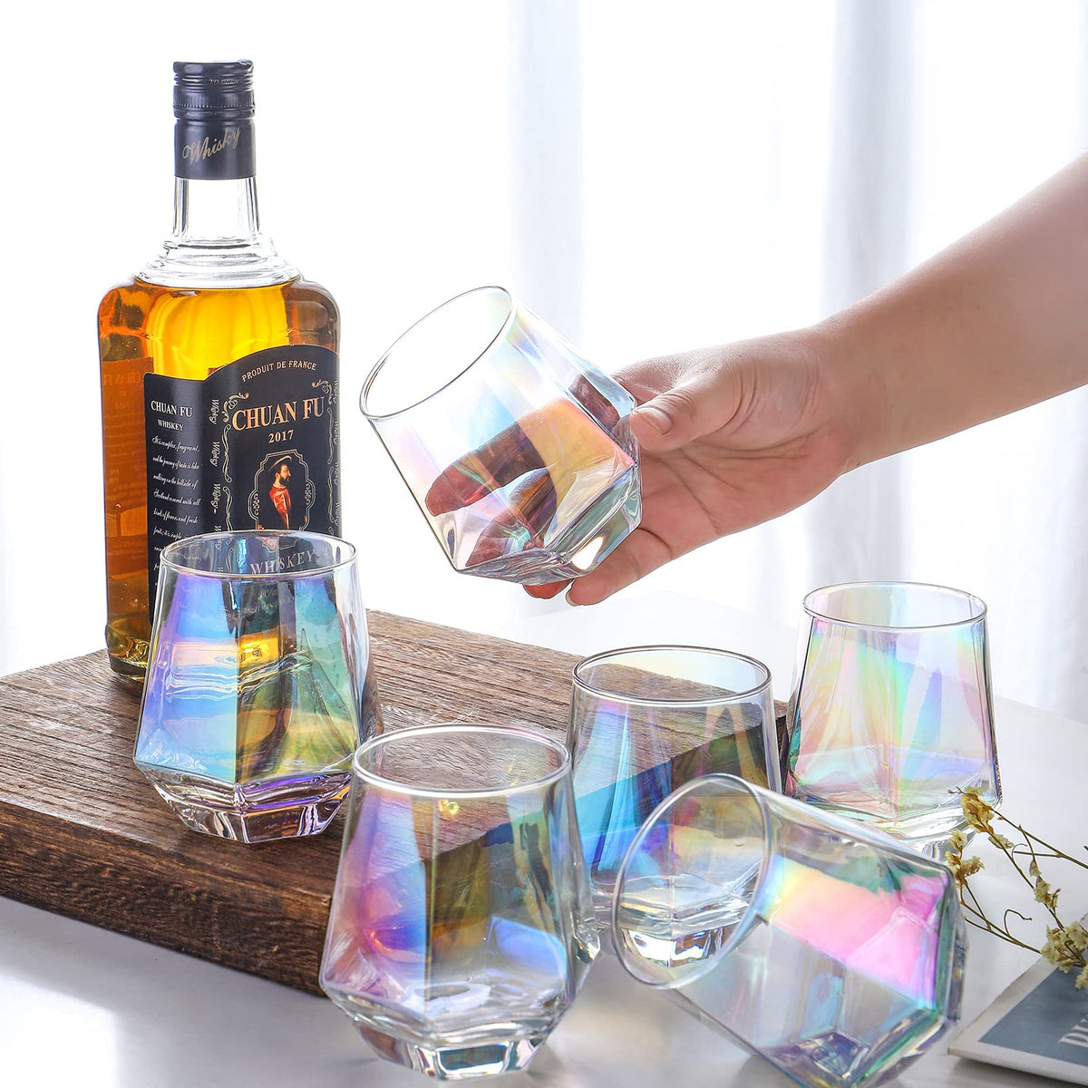 Stemless Wine Glasses Set of 6, 10 Oz Iridescent Diamond Shaped Glassware Q405594