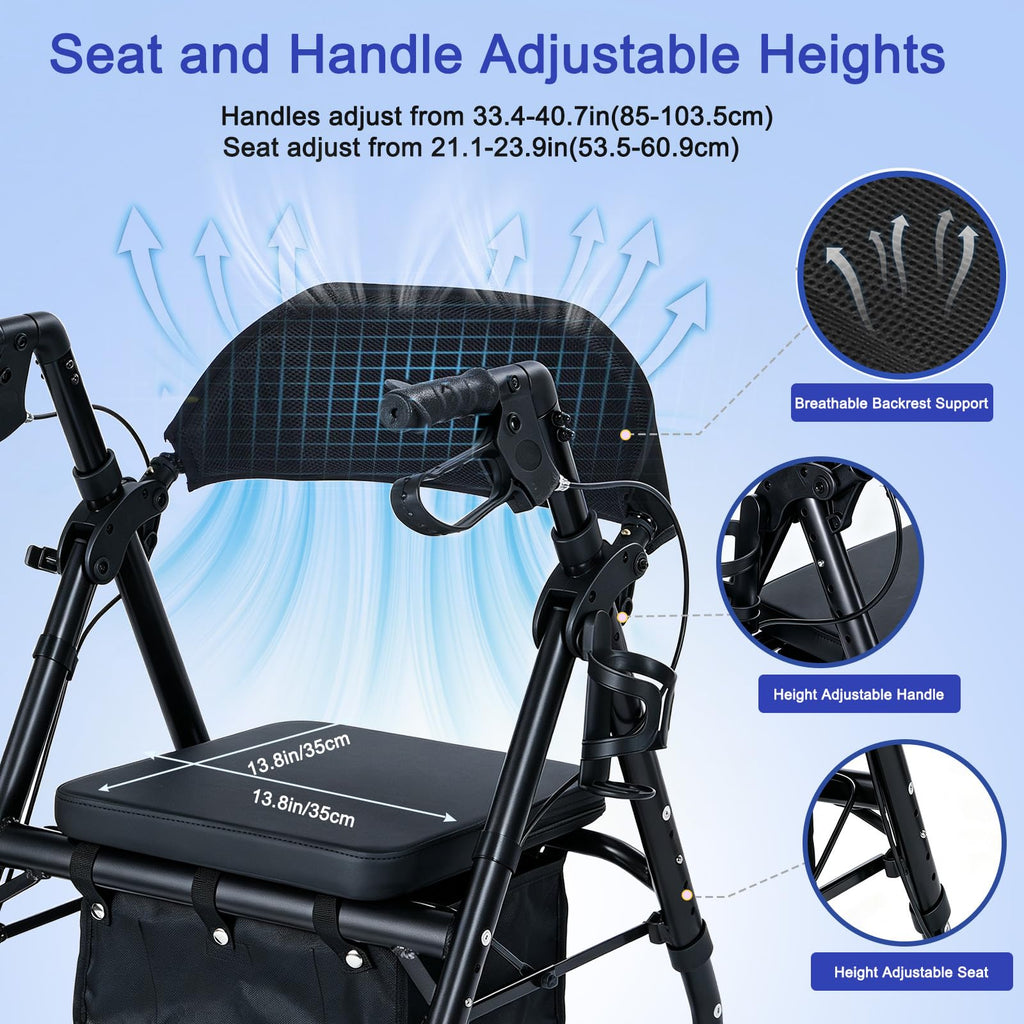 Lightweight Folding Rollator Walker with Seat, 10" All-Terrain Wheels, Black B972418