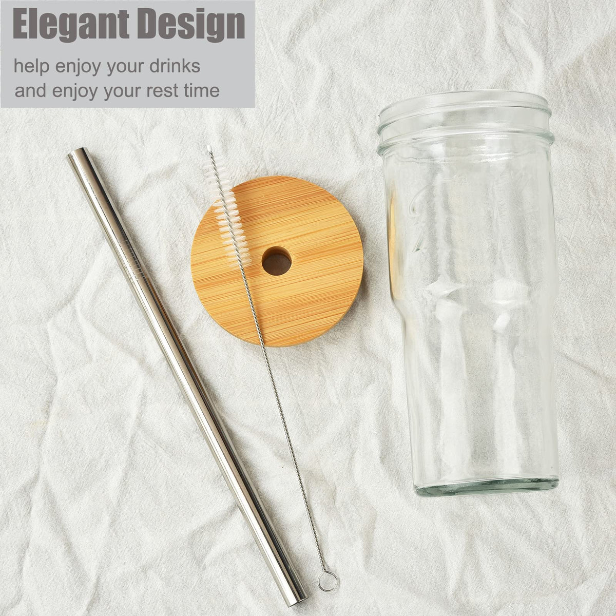 4-Pack 24 OZ Glass Cups with Bamboo Lids and Straws S2701