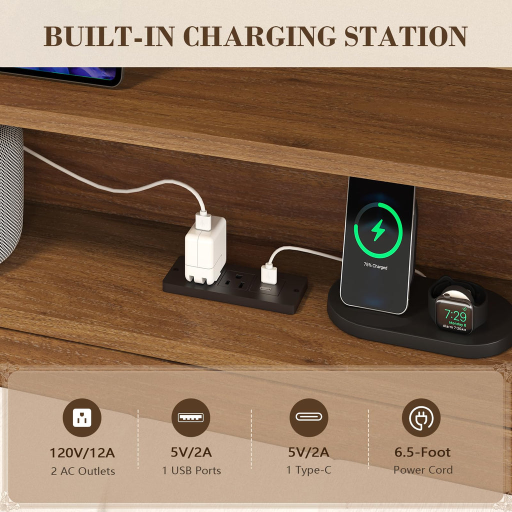 Wood Full Size Bed Frame with Charging Station & LED Lights Q9762