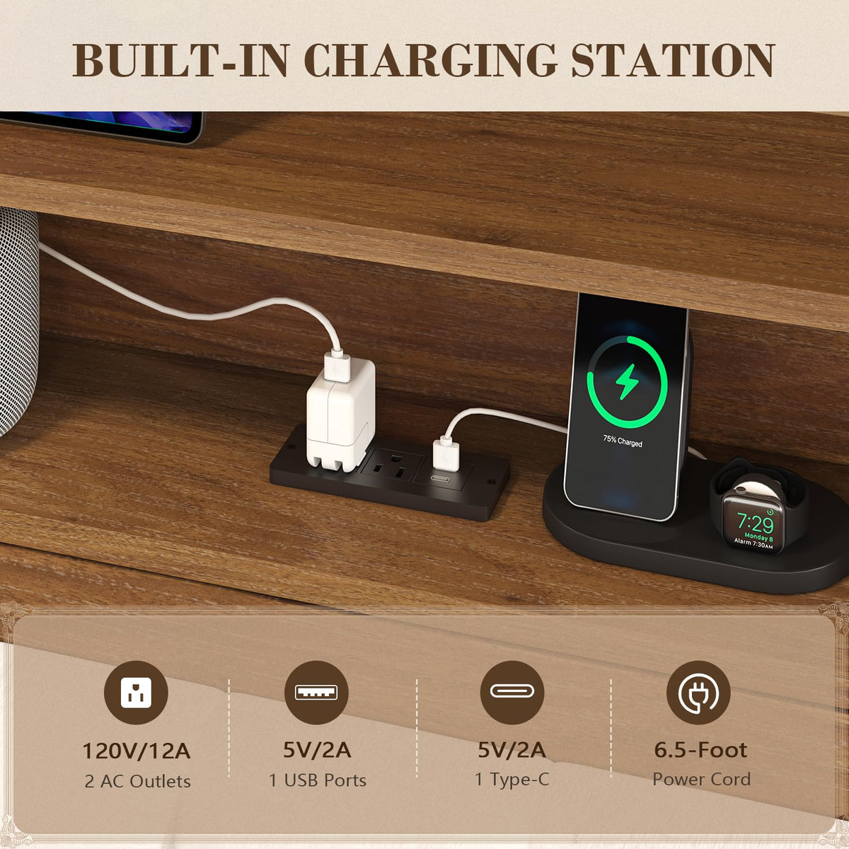 Wood Full Size Bed Frame with Charging Station & LED Lights Q9762