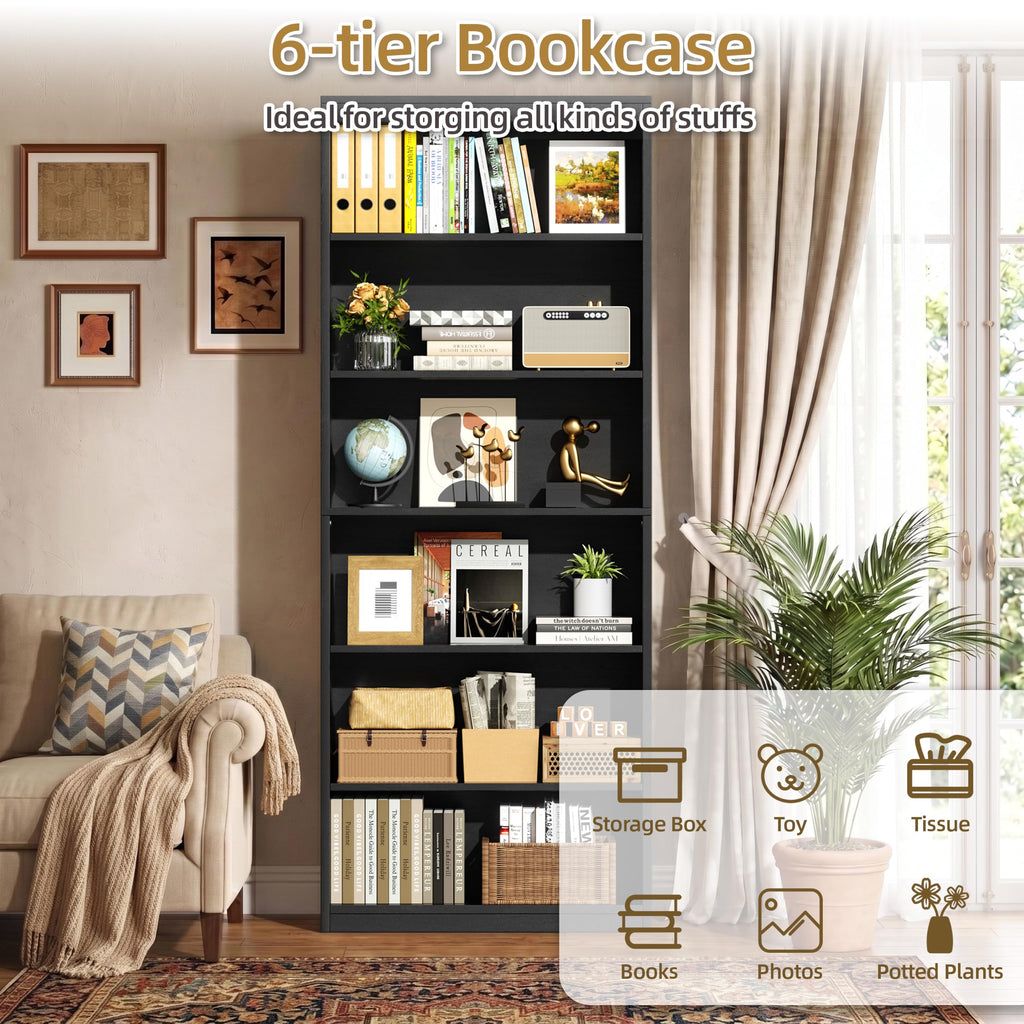 6-Tier Black Wood Bookshelf P7570