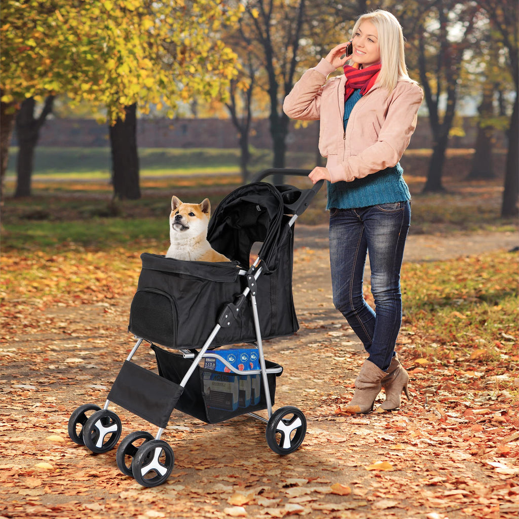 4 Wheels Foldable Pet Stroller with Storage Basket and Cup Holder M24985